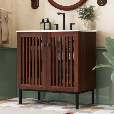 30" Vintage Bathroom Floor Cabinet With Ceramic Sink,2 Soft-Close Doors Dark Brown Bathroom Floor Cabinet With Adjustable shelf,Iron Legs-Cuddlewood