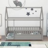 ORRD Twin Size Floor Wooden Bed with House Roof Frame, Fence Guardrails – Grey - 2 of 4