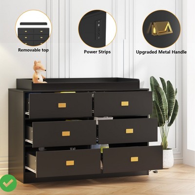 Black Changing Table Dresser with 6 Drawers Changing Dresser with Power Outlets Baby Dresser w/Changing Table Top