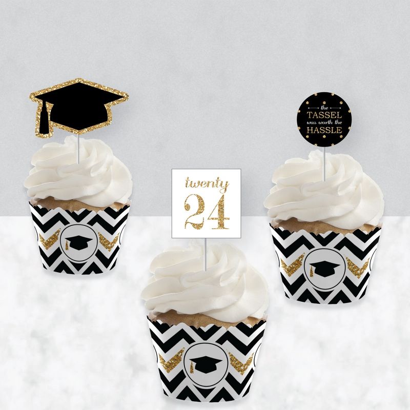 Big Dot of Happiness 2024 Gold Graduation Cupcake Decoration - Party Cupcake Wrappers and Treat Picks Kit - Set of 24, 3 of 8