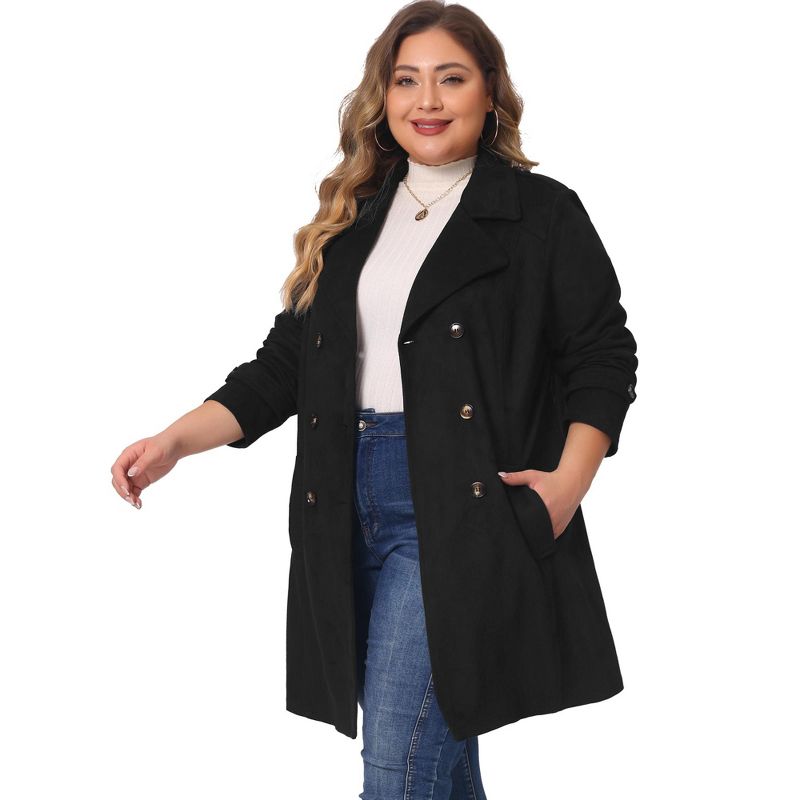 Agnes Orinda Women's Plus Size Faux Suede Notched Lapel Double Breasted Belt Trench Coats, 3 of 6