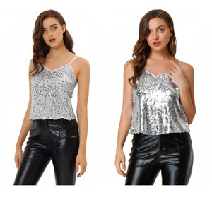 Allegra K Women's Sequined Shining Adjustable Straps Party Sparkle Cami Top 2 Packs - 1 of 4