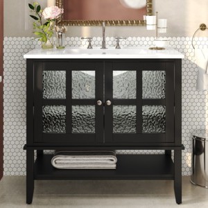 36" Bathroom Floor Cabinet with Ceramic Sink, Textured Glass Doors, Adjustable Interior Shelf and Open Bottom Storage-Maison Boucle - 1 of 4