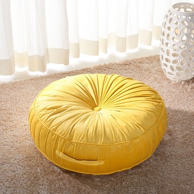 Mustard Yellow Velvet Round Tufted Floor Pillow