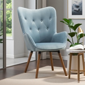 Silky Velvet Contemporary Accent Chair with Tufted Button Back and Solid Wood Legs - 1 of 4