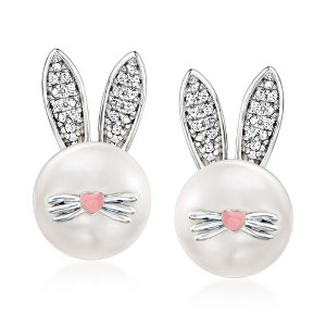Ross-Simons 8-8.5mm Cultured Pearl Bunny Earrings With Diamonds and Pink Enamel in Sterling Silver - 1 of 4