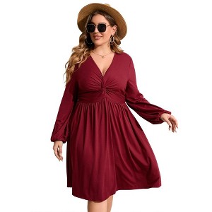 WhizMax Women's Plus Size Dress V Neck Long Sleeve Front Knotted Elastic Elegant Dress A Line Knee Length Midi Dress - 1 of 4