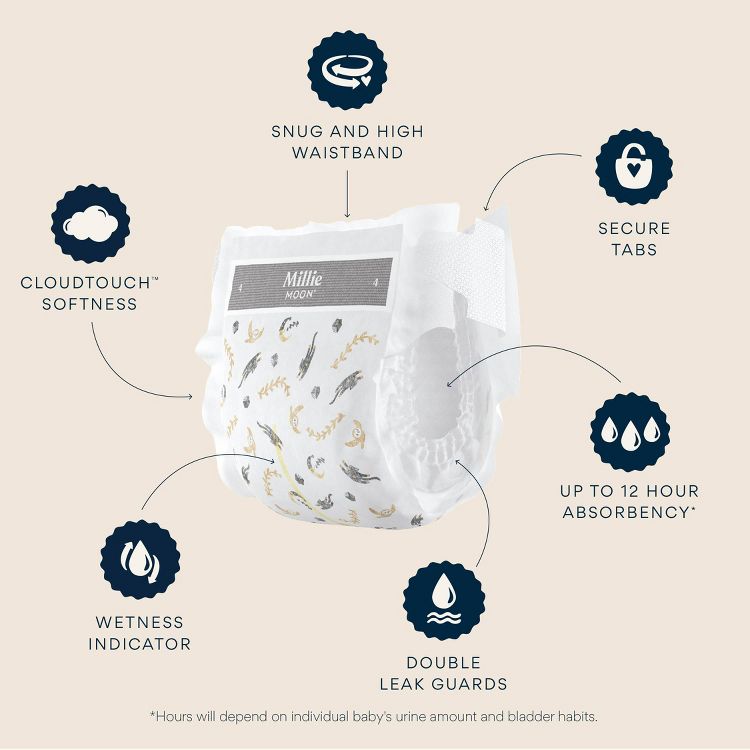 A white diaper with decorative patterns, featuring a snug and high waistband, secure tabs, Cloudtouch softness, wetness indicator, double leak guards, and up to 12-hour absorbency.