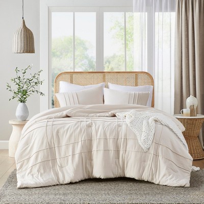 3Pcs Comforter set Pinch Pleat Comforter for All Seasons, Grid Pattern Lightweight Bedding Set, Solid Chic Vintage Style Farmhouse Bed Comforter Sets