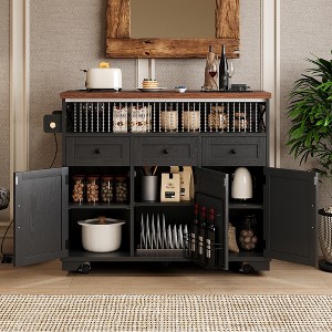 46.5'' Farmhouse Kitchen Island with Drape of Beads, Power Outlet, Rolling Kitchen Cart on Wheels with Drop Leaf, 3 Doors, 3 Drawers for Home - 1 of 4