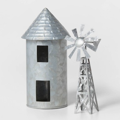 2pk Galvanized Grain Silo & Windmill Set Silver - Wondershop™