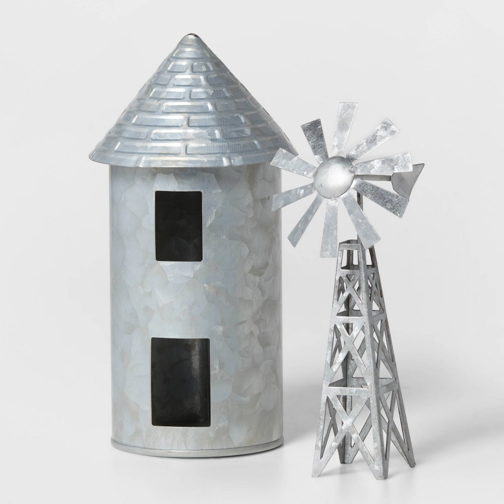 2pk Galvanized Grain Silo & Windmill Set Silver - Wondershop