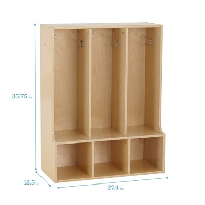 Natural Lacquered Birch 3-Section Toddler Coat Locker with Bench