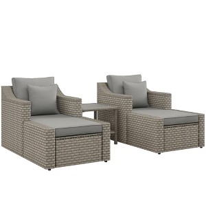 Outsunny 5 Piece Patio Furniture Set, All Weather PE Rattan Conversation Chair & Ottoman Set w/ Table, Cushions & Pillows Included - 1 of 4