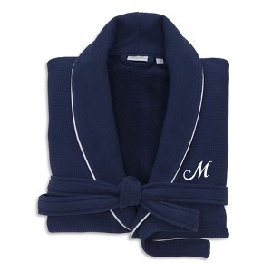 Linum Home Textiles Hotel 100% Turkish Cotton Waffle Terry Personalized Navy Bathrobe with Satin Piped Trim in White Script Font - 1 of 1