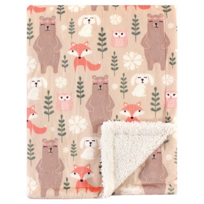 Hudson Baby Infant Girl Plush Blanket with Faux Shearling Back Girl Forest One Size