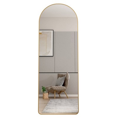 LOVMOR Arched Full Length Mirror with Stand, 65"x23" Full Body Mirrors w/ Aluminum Alloy Frame, Floor Standing, Hanging or Leaning, for Bedroom, Gold