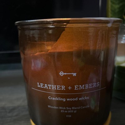 14oz Lidded Gray Glass Jar Crackling Wooden 3-wick Candle With Clear Label  Leather + Embers - Threshold™ : Target