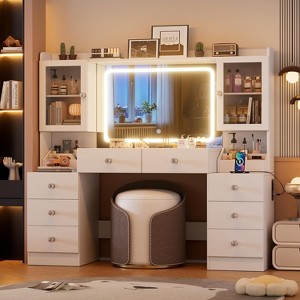 PAKASEPT 8 Drawers Vanity Desk, 55'' W Makeup Vanity with Power Outlet, Vanity Table with Mirror and Lights, 3 Lighting Modes, for Bedroom, White - 1 of 4