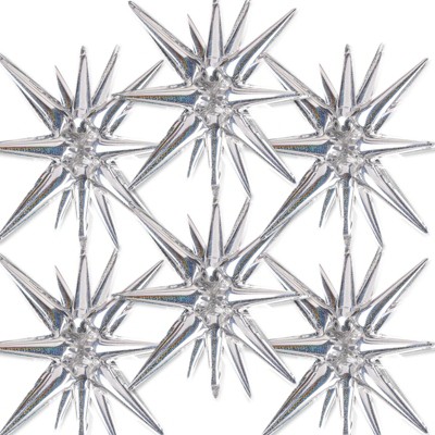 PartyWoo Foil Balloons Silver Star Iridescent Starburst Point 22 Inch 6 pcs