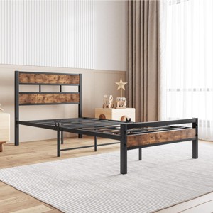 KTMBDW Twin/Full Size Platform Bed Frame with Rustic Vintage Wood Headboard, Strong Metal Slats Support, No Box Spring Needed, Brown - 1 of 4