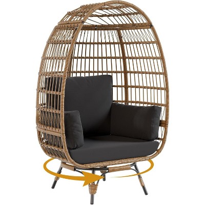Oversize 360° Swivel Egg Chair, Patio Rotating Rattan Lounge Chair w/Steel Frame and 4 Cushions for Patio, Porch, Backyard, Living Room