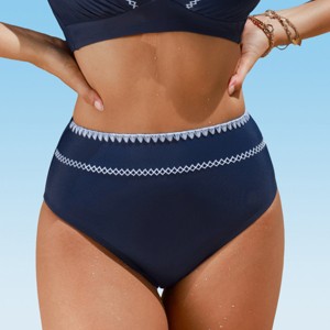 Women's Chic Navy High-Waisted White Trim Bikini Bottoms - Cupshe - 1 of 4