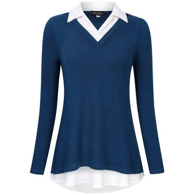 Women's Long Sleeve Contrast Collared Shirts Patchwork Work Blouse Tunics Tops