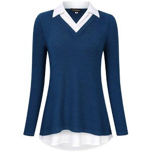 Women's Long Sleeve Contrast Collared Shirts Patchwork Work Blouse Tunics Tops - 1 of 4