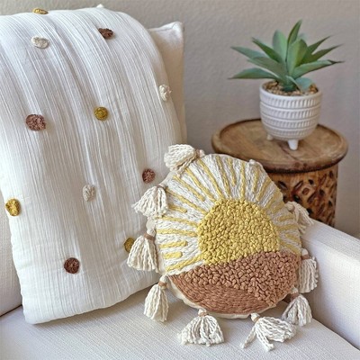 Round Embroidered Sunshine Kids Pillow with Tassels