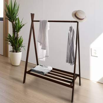 Solid Wood Garment Rack with Shelf Truffle Brown - Flora Home