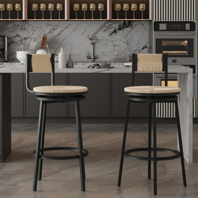 Swivel Bar Stools Set of 2, Rustic Round Bar Chairs With Paper Rope Handwoven Seats And Backrests, Counter Height Bar Stools for Kitchen Bars Counter
