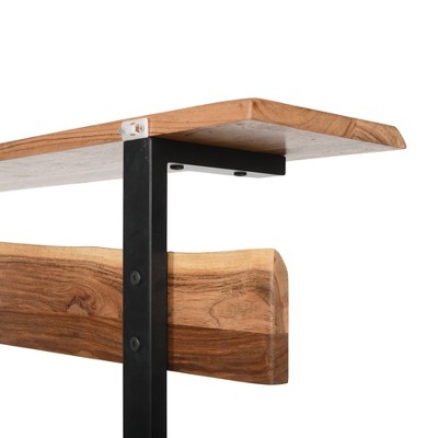 Natural Acacia Wood Hall Tree with Metal Hooks and Shelves