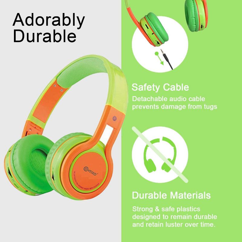 Contixo KB2600 Kids Bluetooth Wireless Headphones -Volume Safe Limit 85db -On-The-Ear Adjustable Headset (Green), 5 of 8