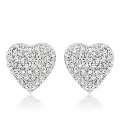 ShineHigh Special Pavé Heart Earrings – Sparkling Round-Cut CZ Studs in Polished Rhodium – Romantic Contemporary Heart Design with Post Back