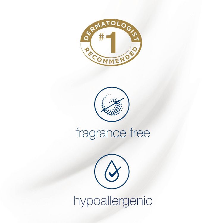 Text reads: Dermatologist #1 recommended. Fragrance free. Hypoallergenic. Gold seal, blue icons on a white background, conveying trust and purity. 