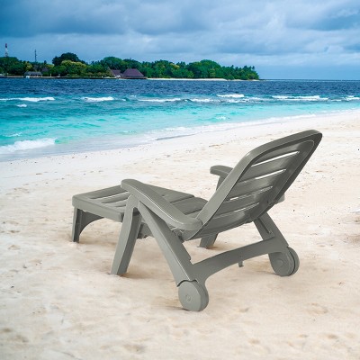 Gray Adjustable Outdoor Chaise Lounge with Arms and Wheels