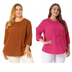 Women's Plus Size 2 Pieces 3/4 Sleeves Round Neck Ruffle Chiffon Work Blouse - Agnes Orinda - 1 of 4