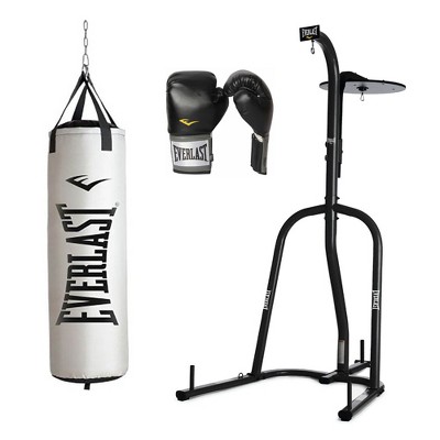 Everlast Dual Station Heavy Duty Steel Bag Stand, MMA 70 Pound Boxing Heavy Bag, Platinum, and Pro Style Full Mesh Palm Boxing Gloves, Size 16 Ounces