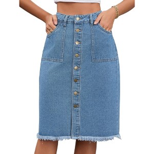 INSPIRE CHIC Women's Denim Button Down High Waist with Pockets H-Line Midi Skirts - 1 of 4