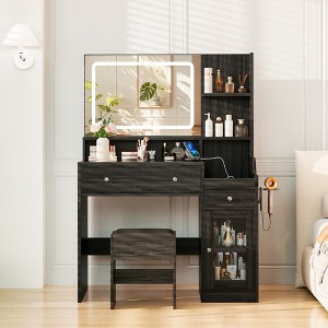 HYLEORY Vanity Desk with Mirror, Power Outlet, Hair Dryer Bracket, Makeup Table with 2 Drawers,3 Color Modes Available for Bedroom,Wood Grain - 1 of 4