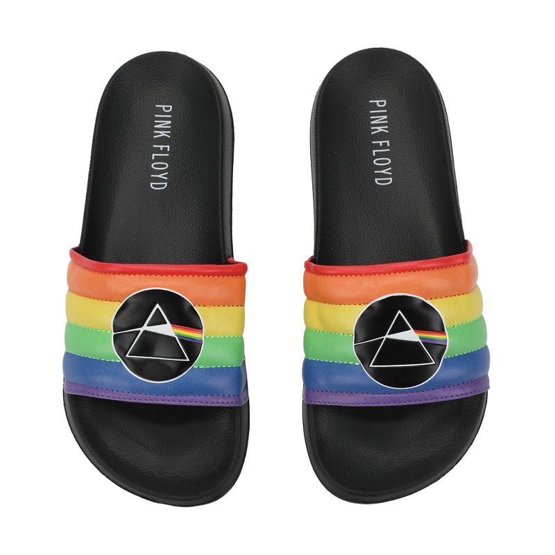 Pink Floyd Dark Side Of The Moon Triangle Artwork On Rainbow Straps Women's Black Slide Sandals, 2 of 7