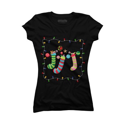 Junior's Design By Humans Christmas Stocking with Christmas Lights By realdealclipart T-Shirt