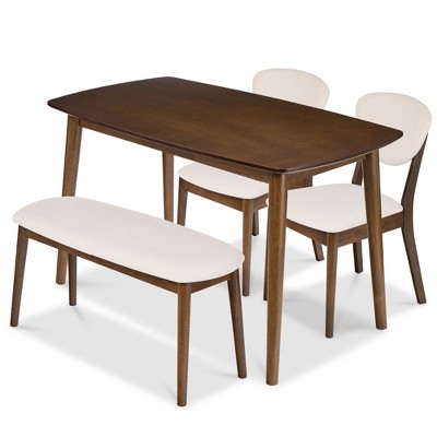 Best Choice Products 4-Piece Mid-Century Modern Upholstered Wooden Dining Set w/ 2 Chairs, Bench - Walnut/Cream