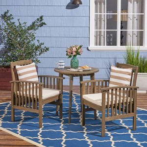 GDFStudio Erikson Outdoor Acacia Wood 3 Piece Bistro Set with Cushion - 1 of 4
