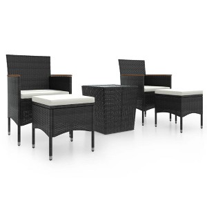 vidaXL Garden Bistro Set 5-Piece Balcony Set Garden Furniture Seating Set Balcony Furniture Table Chairs Footstool Poly Rattan Tempered Glass Black - 1 of 4
