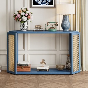 VYNXARIA Console Table with Unique Irregular Top Design, Entryway Table with Open Shelf, Rattan Sofa Table for Entrance (Antique Blue) - 1 of 4
