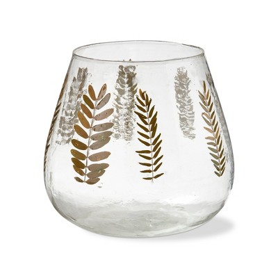 tag Clear Glass Pillar Candle Holder with Embedded Sprig Leaf Hurricane, 7.1L x7.1W x 7.1H