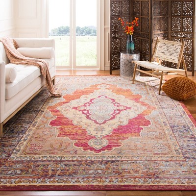 Reversible Oriental Rectangular Orange and Light Blue Synthetic Rug