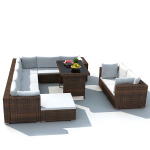 vidaXL Outdoor Patio Lounge Set - 10 Piece, Brown Poly Rattan Garden Furniture with Cushions and Glass-Top Table. - 1 of 4